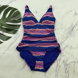Tommy Bahama Womens One Piece Swimsuit Size 6 Pink Blue Tie Dye Stripe Ruched